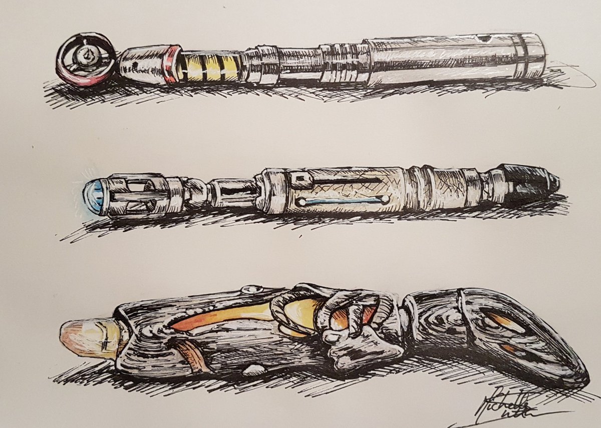 MSuttonArt's tweet photo. Tomorrow's will be earlier!
#Day20's #DailySketch is my last #DoctorWho request (at the mo)
3 #SonicScrewdrivers.
Top = #ThirdDoctor #JonPertwee 1st Doctor saw
Middle = #TenthDoctor #DavidTennant my fave Doctor.
Bottom = #ThirteenthDoctor #JodieWhittaker current Doctor. https://t.co/U5zrGFfPcv