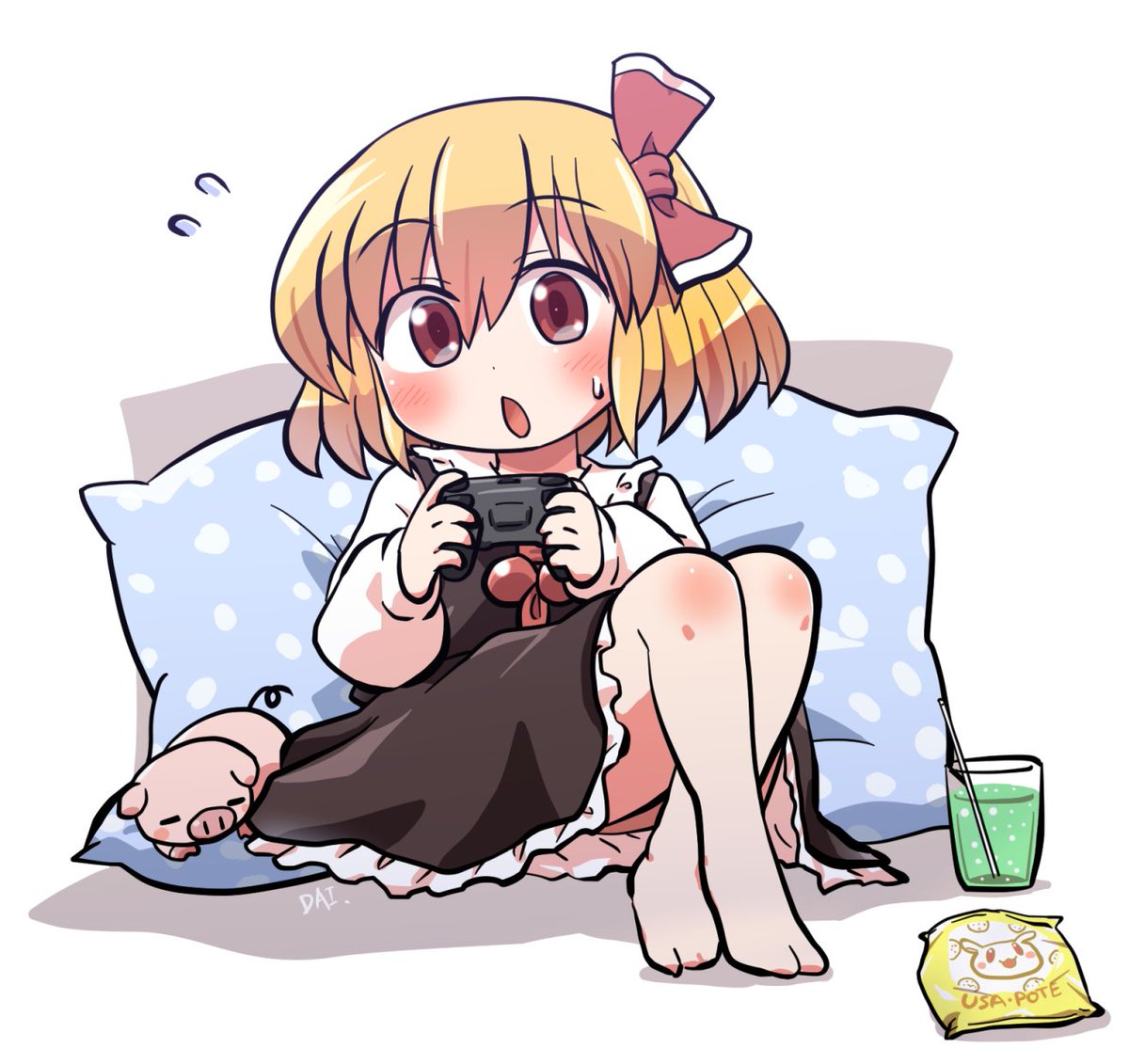 rumia 1girl blonde hair red eyes holding controller short hair controller game controller  illustration images