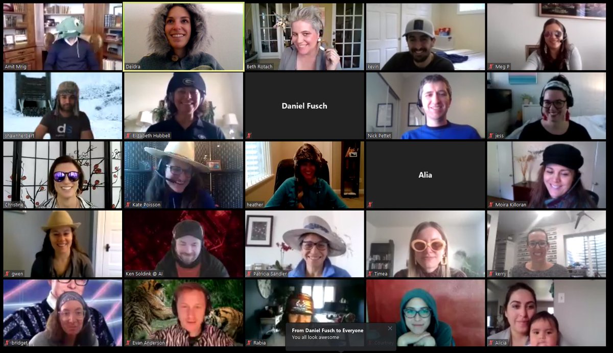 academicimpress's tweet photo. We rejuvenated an old trend at our office: #FashionFriday! We adorned our lovely faces with some stellar articles and a few of us got creative with our environments. How's your team doing #WFH? #joinAI #WeAreInThisTogether #Zoombackground https://t.co/QnvWKezKQZ