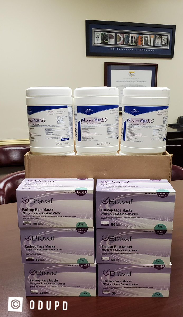 ODUPD's tweet photo. Wow! We cannot express how grateful we are. 

ODU’s dental hygiene &amp; physical therapy programs have donated their personal protective equipment to us. 

Thousands of wipes. Hundreds of masks. Gifts that make us feel safe doing what we love, watching out for our fellow Monarchs! https://t.co/v5FgW49r1j