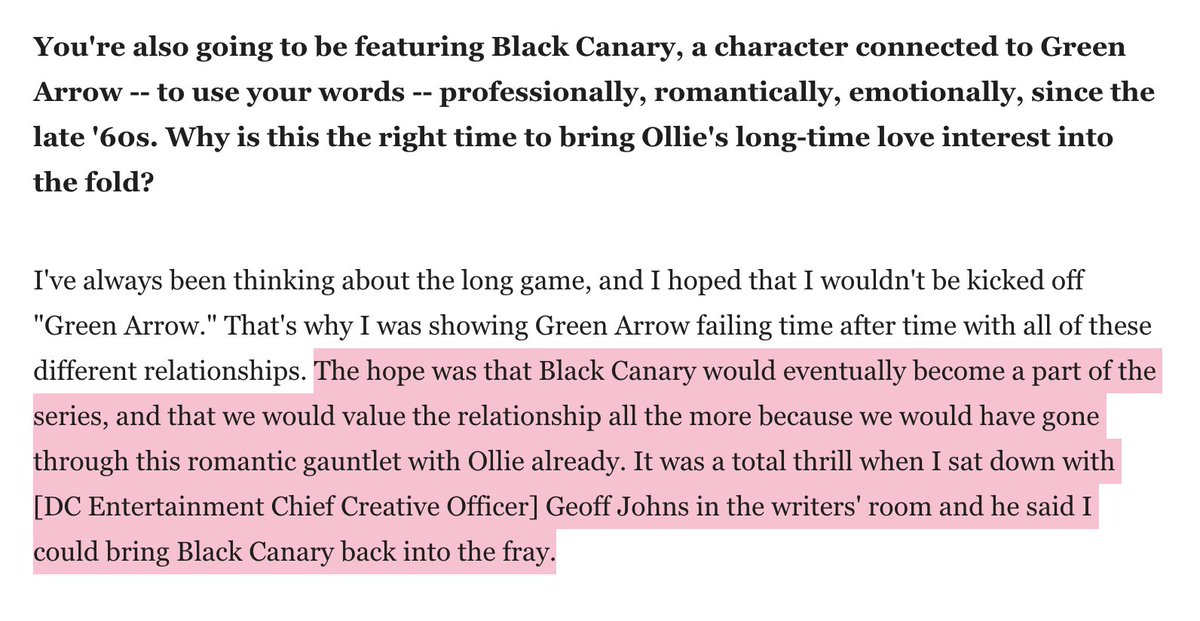 also in may 2016, it was revealed that geoff johns had asked the green arrow rebirth writers to put black canary in from the get go. how INTERESTING.