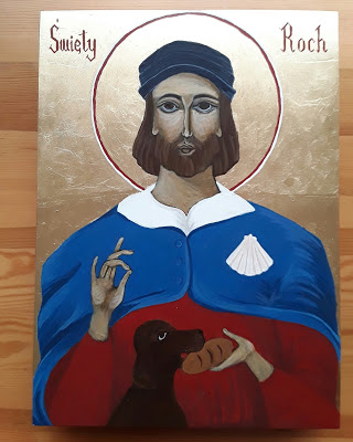 Traditional iconography shows st Roch in pilgrim's clothes, with dog, exposing infected sore / bubo on his leg. More recently, I saw people think of st Roch mainly as a patron of dogs, so the disease disappeared from his images. I suspect that this will change after  #COVID195/