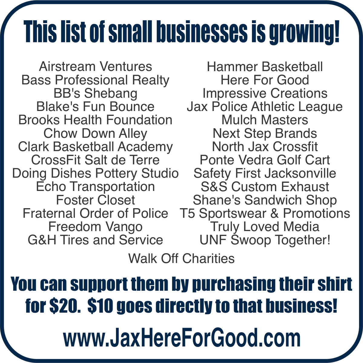 T5Sportswear's tweet photo. Check out this growing list of businesses in the #JaxHereForGood campaign!  You can support them and the people they serve by purchasing their shirt for only $20.  

With that purchase, $10 will go directly to that company!

https://t.co/Gbi1ohwQ0L   #JaxHereForGood https://t.co/MBLXG43NL1