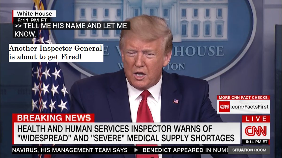 Another IG is about to get fired  @BrianKarem ! https://thehill.com/policy/healthcare/491303-inspector-general-finds-hospitals-face-severe-shortages-of-neededTESTING  @realDonaldTrump  #TrumpPressBriefing  https://miami.cbslocal.com/video/4504994-hhs-inspector-general-shortage-of-testing-supplies-ppe-at-hospitals/TESTINGKeeping score:  https://limbaugh2020.com/trumps-incompetence-on-display/You Lied:  #WhereAreTheTests