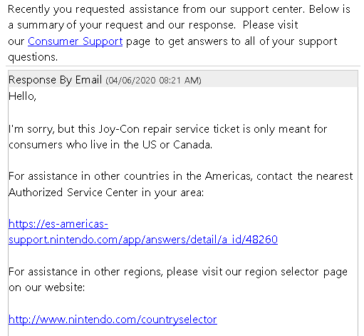 ShinKitsune4's tweet photo. So, just got a response from @NintendoAmerica. Their customer support is basically telling me to "Sod off, beaner!", and #Latamel's service is abysmal. I never managed to get a hold of their bloody call centers.
Guess I will be better with a third party to repair these JoyCons. https://t.co/lzTqRqvKFq