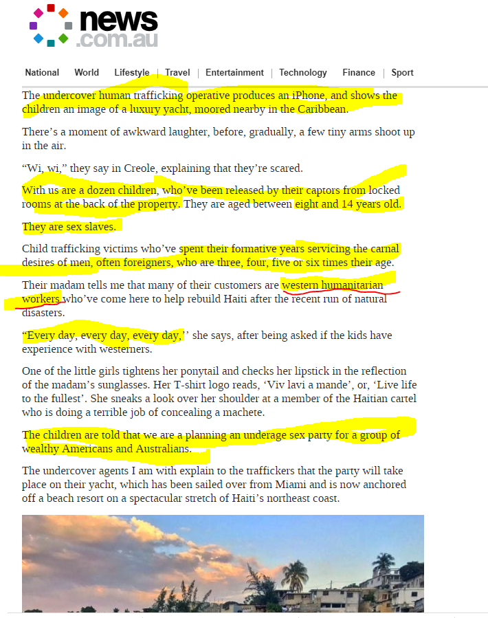 Let's have an educational moment real quickIf you read the replies, you'll notice people making fun of the Africans for not wanting aid from the 'humanitarian' workers.Let's take a detailed look before we join in/threadhumanitarians  https://www.news.com.au/entertainment/tv/current-affairs/sunday-nights-matt-doran-goes-undercover-with-operation-underground-railroad-to-bring-down-haiti-child-sex-ring/news-story/dcecf5950ca5b6d501c48ed927127bc3  https://twitter.com/MrAndyNgo/status/1247210965197709313