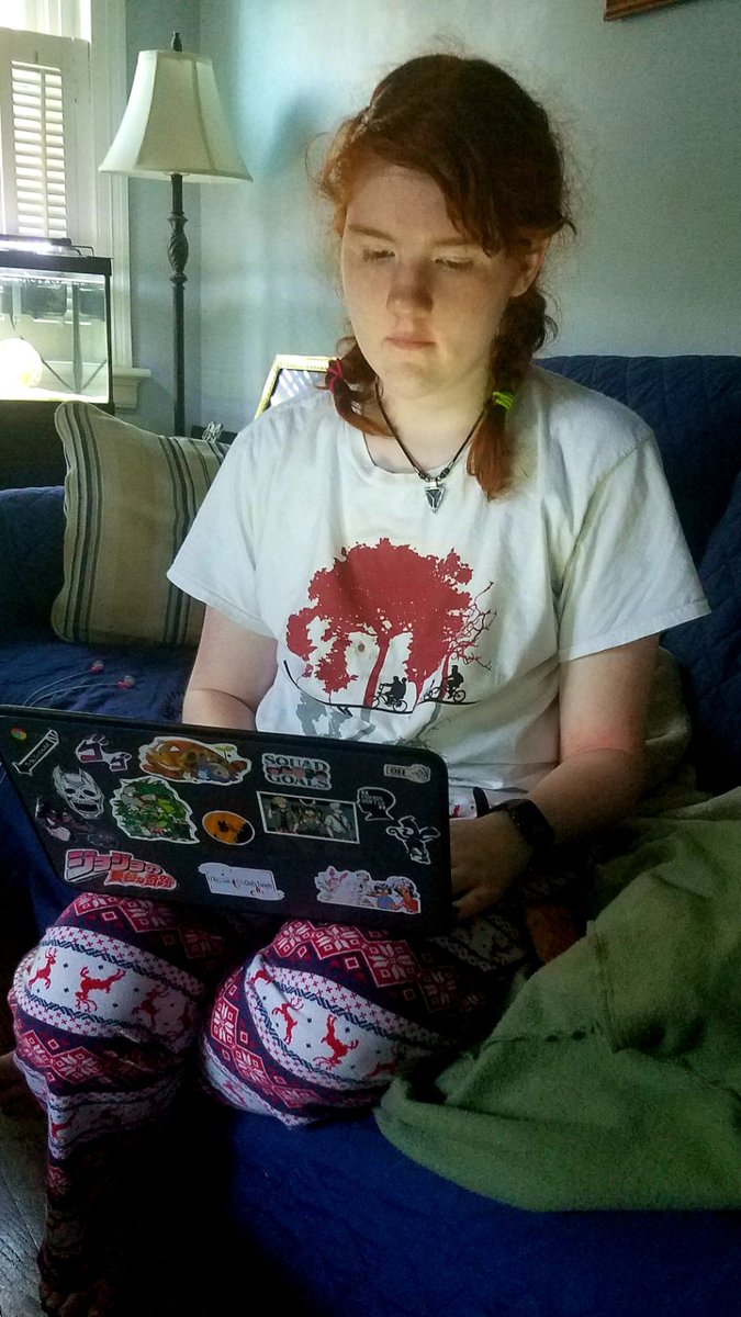 Sra_Phelps's tweet photo. @ecghighschool I was dressed in real clothes today for Zoom meetings but caught another Hilltopper looking cozy at work.  #ECGVIRTUALSPIRIT https://t.co/7zLbUmTrNj