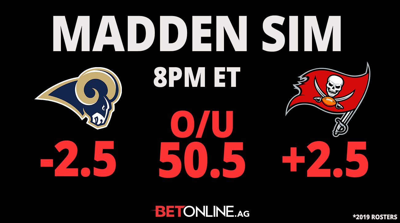 Betonline Ag Madden Sim Rams Vs Bucs Kickoff 8pm Et Watch T Co Huvzhxdlwa Bet T Co X5tx6musrc Rules Streamed Live 15 Minute Quarters All Madden Simulation Mode Accelerated Clock 10 Seconds Final Madden Update Of 19