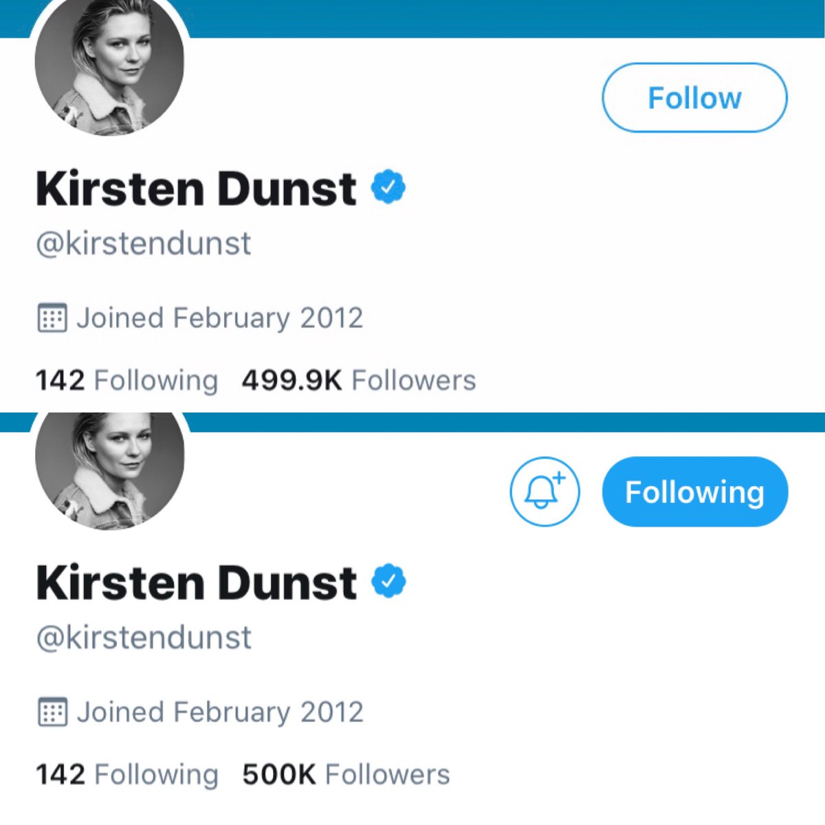nortonmouse's tweet photo. @kirstendunst Boom! It was so nice to click the follow button and watch the number go up to 500k! https://t.co/qi3t14eTdp