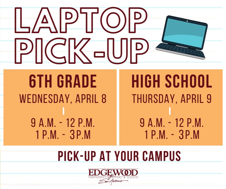 Attention 6th graders and all high school students! Laptops will be available for pick-up at your campus this week 👩🏻‍💻

6th grade ➡️ Wed. April 8
High School ➡️ Thu. April 9