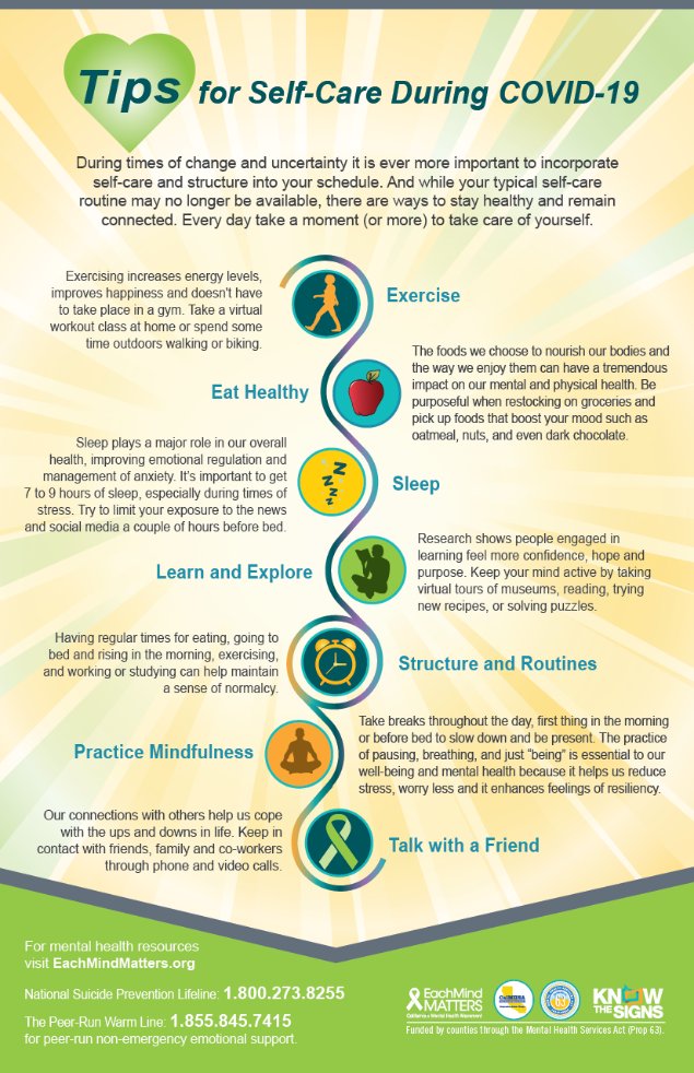 While your daily #selfcare routine may have changed, there are many ways you can remain healthy and connected during #COVID19, 🌳🏃♀️😴whether you have a couple of hours or a couple of minutes.  #EachMindMatters #mentalhealth