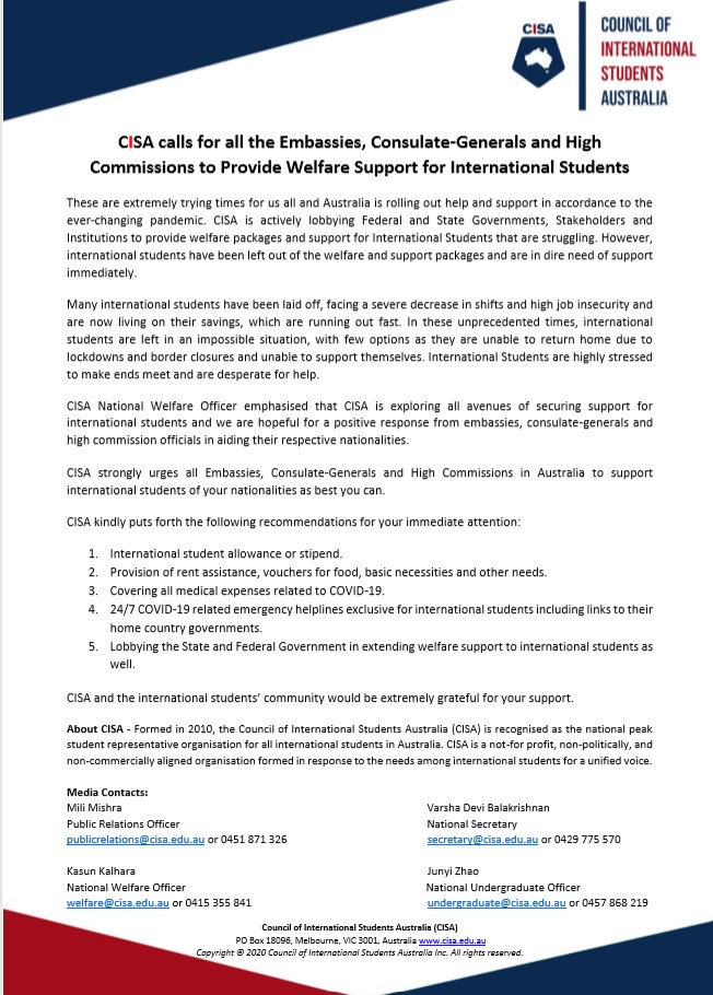 MEDIA RELEASE: CISA call for all the Embassies, Consulate-Generals and High Commissions to provide welfare packages for the international students

#internationalstudents #cisa