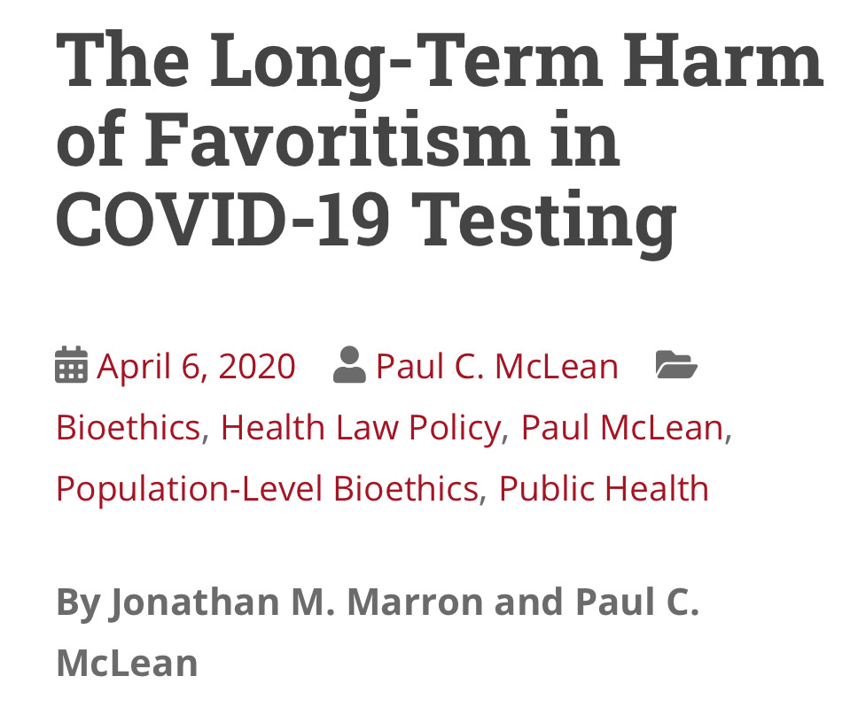 A BRIEF THREAD: Today,  @PetrieFlom published a piece by  @paulcmclean & I on their Bill of Health blog that explores sports, entitlement,  #ethics, equity, and the doctor-patient relationship in the time of  #COVID19:  https://blog.petrieflom.law.harvard.edu/2020/04/06/favoritism-covid19-testing-harm-coronavirus/ (1/18)