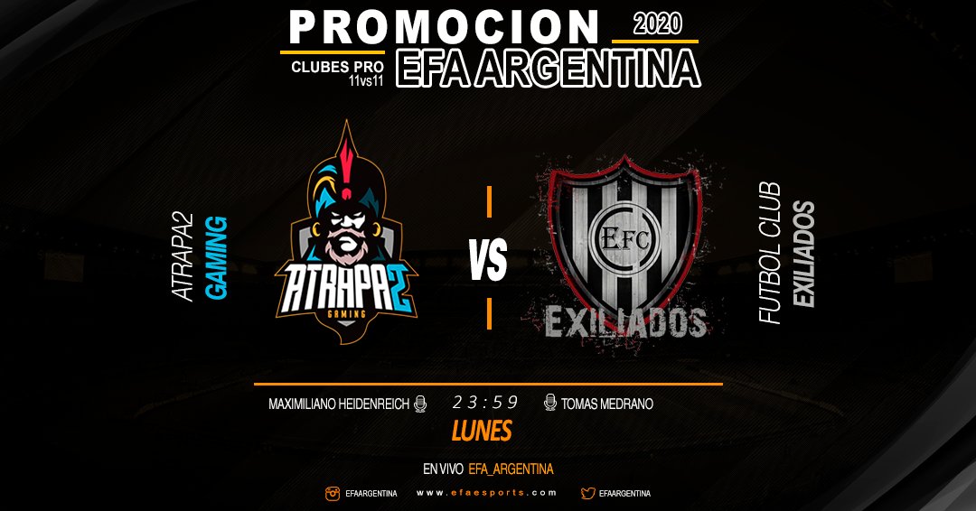 EFAargentina's tweet photo. 🏆Noche de Promocion a la Superliga🏆

@GBrowneSports y @Atrapa2Gaming se juegan la continuidad en primera contra @CATigre_eSports y @FcExiliados ¿Se quedaran en primera Brown y Atrapa2 o Subiran Tigre y Exiliados?

🕖23.30 HS
🖥️ https://t.co/rZ4UPQCBRo
🖥️ https://t.co/CO8PHCAIXo https://t.co/5WjAN5lblL