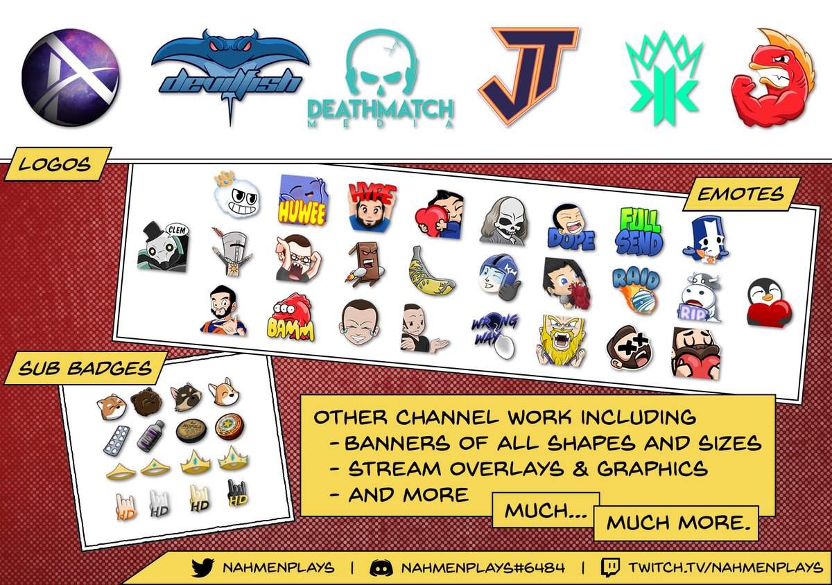 NahmenPlays's tweet photo. If you are looking for emotes, logo work, badges, stream graphics, banners, etc. I would love to help make your vision a reality!
Commissions are OPEN!
#emotes #streamgraphics #twitch #mixer #anyplatform https://t.co/bLctI1Fned