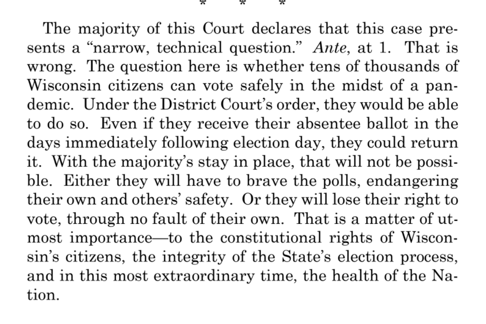 Justice Ginsburg writes in dissent for the four liberal justices. Here is her closing