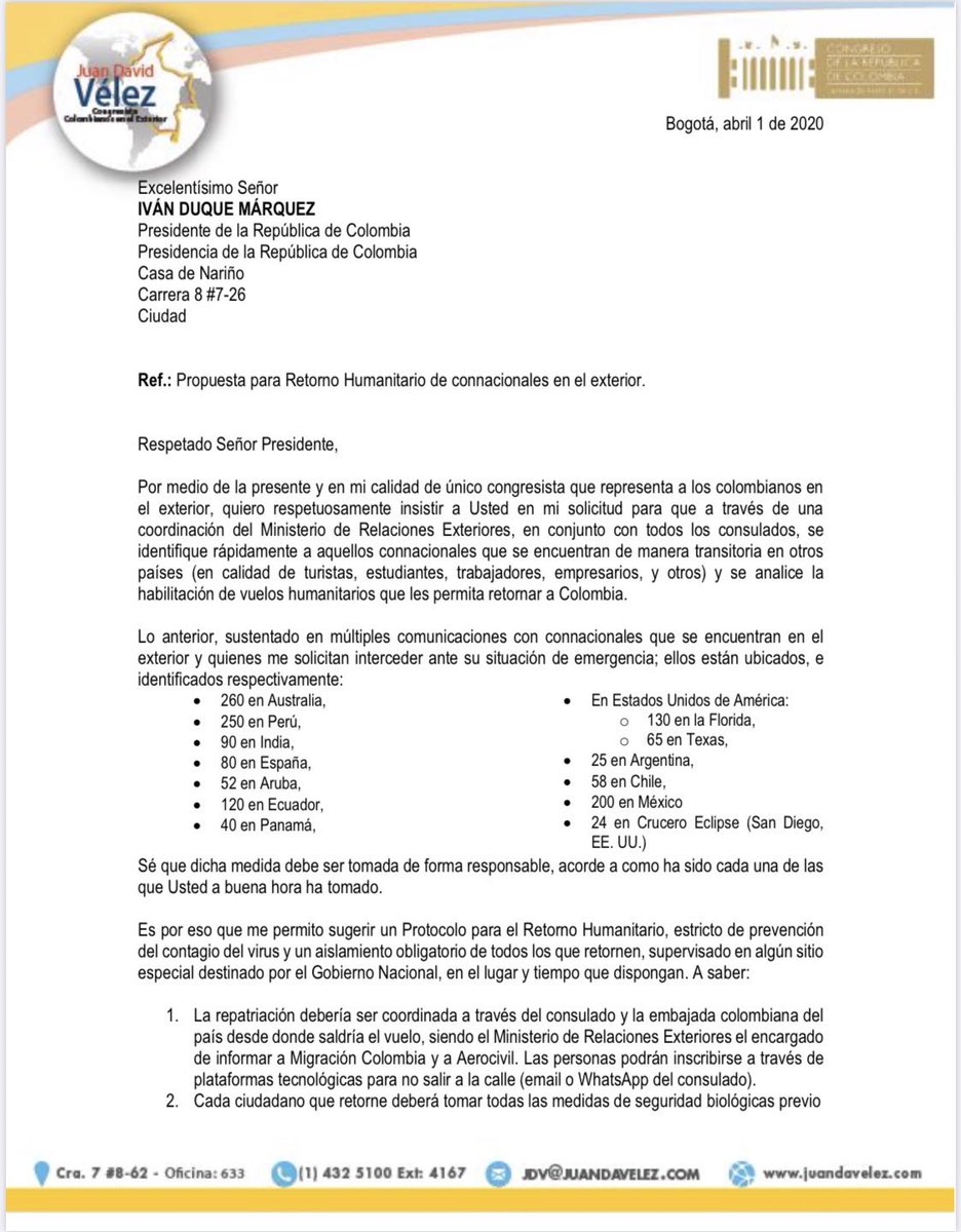 JuanDaVelez's tweet photo. Presidente @IvanDuque por favor no eche en saco roto la propuesta para hacer la repatriación de connacionales varados en el exterior. 
Busquemos una fórmula ordenada y con protocolo definido. 

Trabajemos en equipo: @CancilleriaCol, @MigracionCol, @infopresidencia y @MinSaludCol https://t.co/VHxBGYTwHT