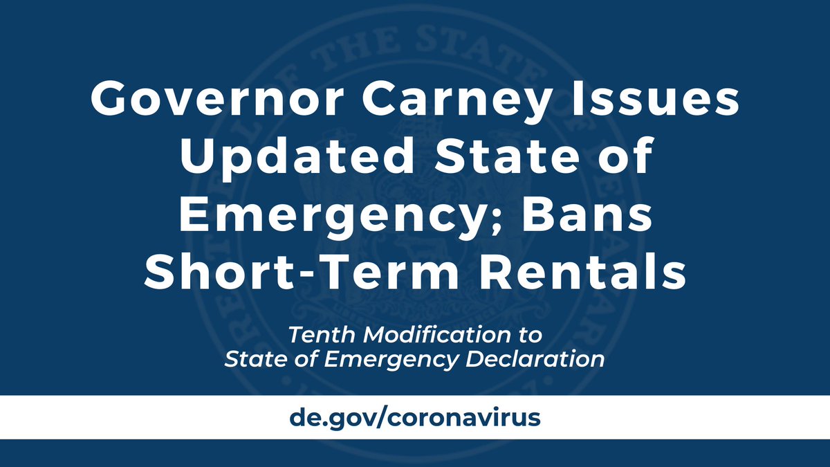 All of DE's restrictions are intended to prevent a surge in cases, preserve our hospital capacity, and save lives.

Starting April 7 at 8pm, we are banning all short-term rental units – including vacation home rentals, hotels, motels and condo rentals. ℹ️news.delaware.gov/2020/04/06/gov…