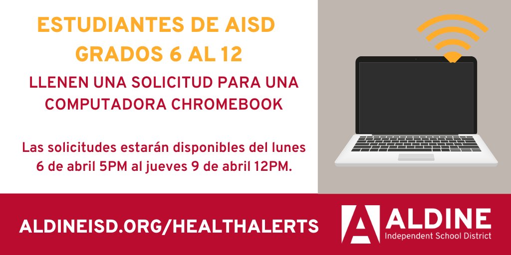 (1/2) Aldine ISD will begin distributing electronic devices to students in Grades 6-12 beginning the week of April 13. A limited supply of Chromebooks and WiFi hotspots will be available for students. Request forms will open at 5:00 p.m. on April 6. More: bit.ly/39MH286