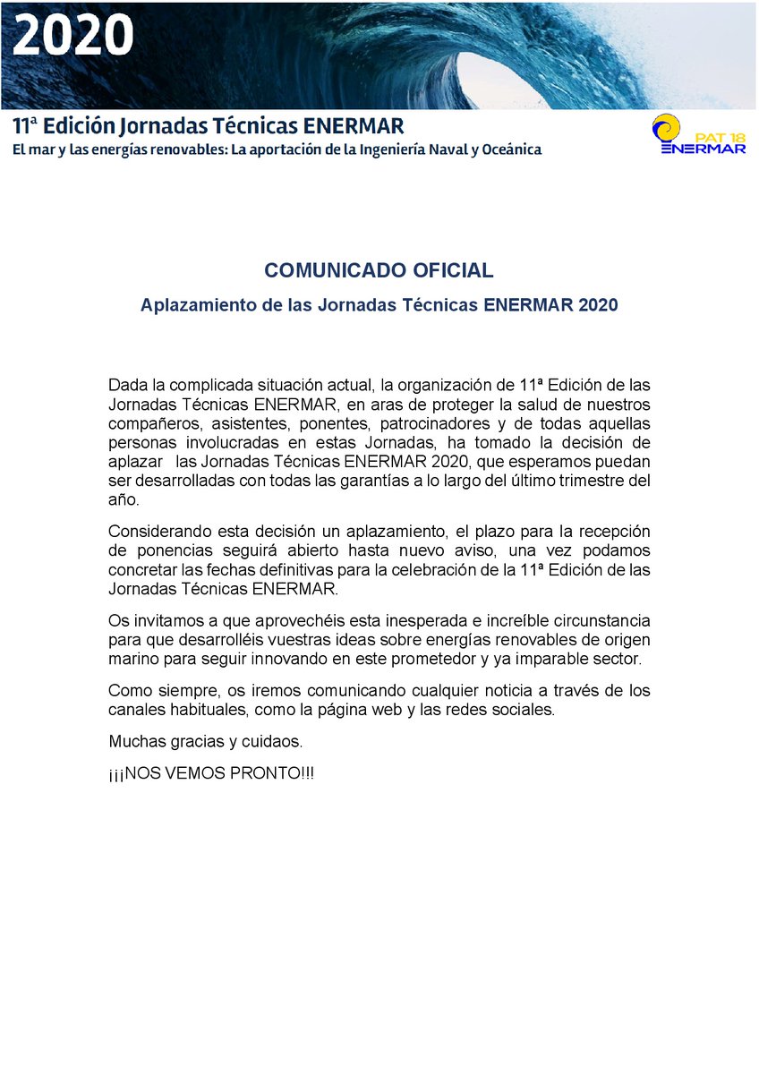 enermar_aine's tweet photo. Comunicado de la Organización de la 11ª Edición de las Jornadas Técnicas ENERMAR
#COVID19 #saldremosjuntos https://t.co/GXqTFiPdjM