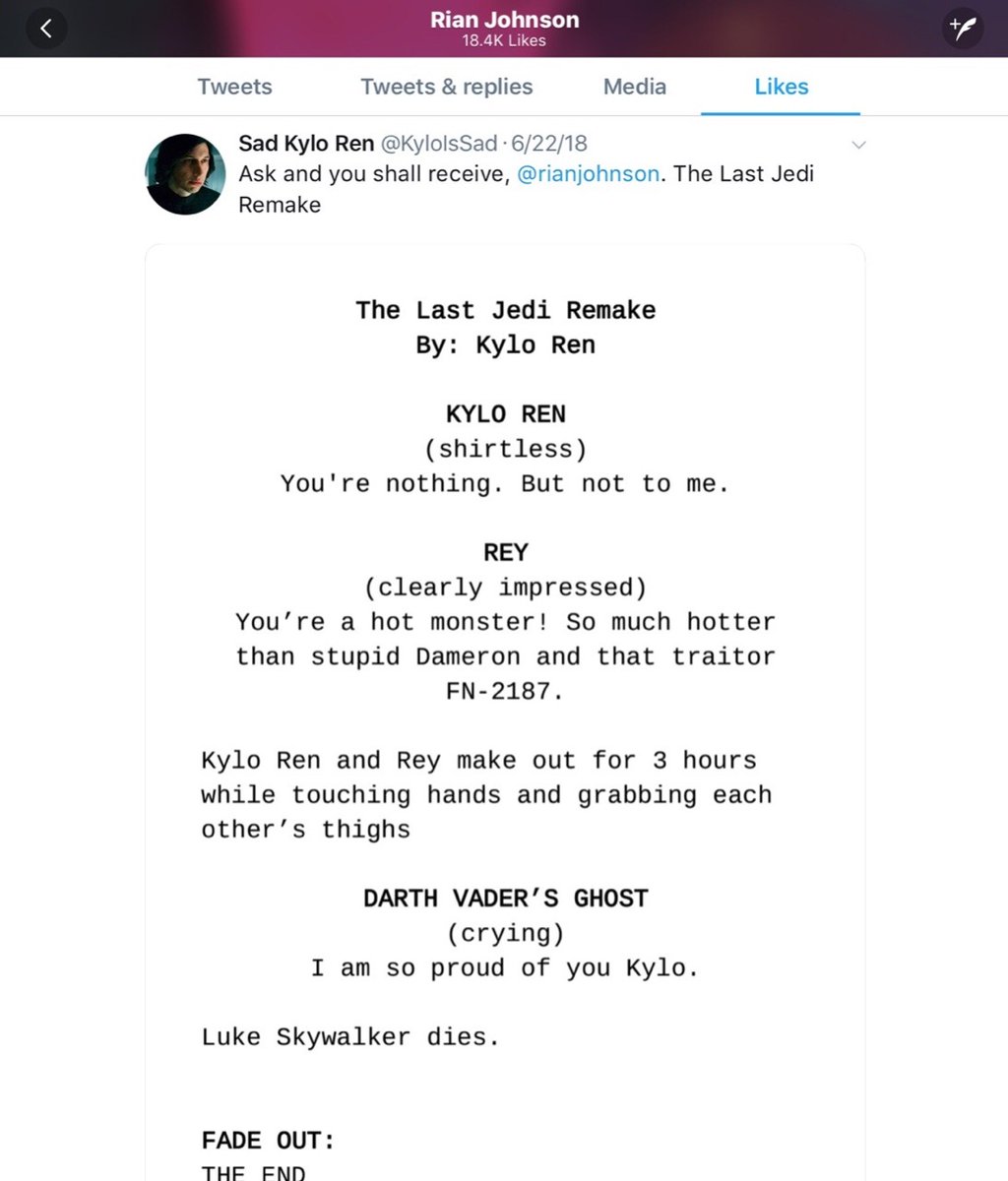 KyloIsSad's tweet photo. #thankyourianjohnson for green lighting the only acceptable rewrite of The Last Jedi https://t.co/tJzHvUnkIl