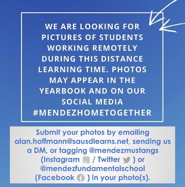 MendezMustangs's tweet photo. Attention @MendezMustangs! We are looking for pictures of you participating in #distancelearning - examples could be you using #Zoom, #Canvas, #GoogleClassroom, #KhanAcademy, etc. Can’t wait to see your photos! 📸 #mendezmustangs #wearesausd #sausdlearns https://t.co/xw1w6DYXip