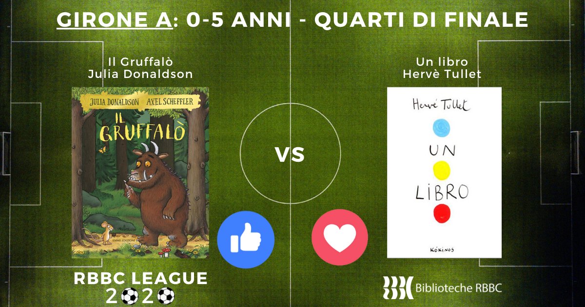 #rbbcleague
Ardua sfida per il girone 0-5...
Metti 👍per Il Gruffalò di julia Donaldson o ❤️per Un libro di Hervè Tullet
📘bit.ly/RBBCgruffalò
📕bit.ly/RBBCunlibro
Se volete contare, votate qui ➡️bit.ly/RBBC_fb
