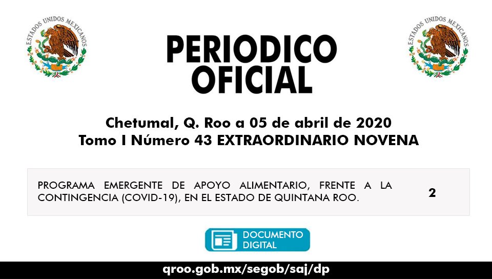 SEGOBQR's tweet image. #PERIODICOOFICIAL Publicó el Programa Emergente de Apoyo Alimentario, frente a la contingencia #COVID_19 en el estado de #QuintanaRoo #DescargaGratuita 
📰segob.qroo.gob.mx/portalsegob/Mi…
@GobQuintanaRoo @CarlosJoaquin @DocAContreras