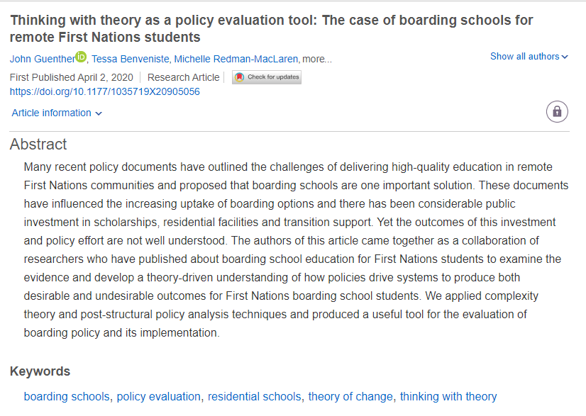 JUST PUBLISHED-Thinking with theory as a policy evaluation tool: The case of boarding schools for remote First Nations students. The team of researchers produced a useful tool for the evaluation of boarding policy and it's implementation. doi.org/10.1177/103571… @CQUni @CQUniNews