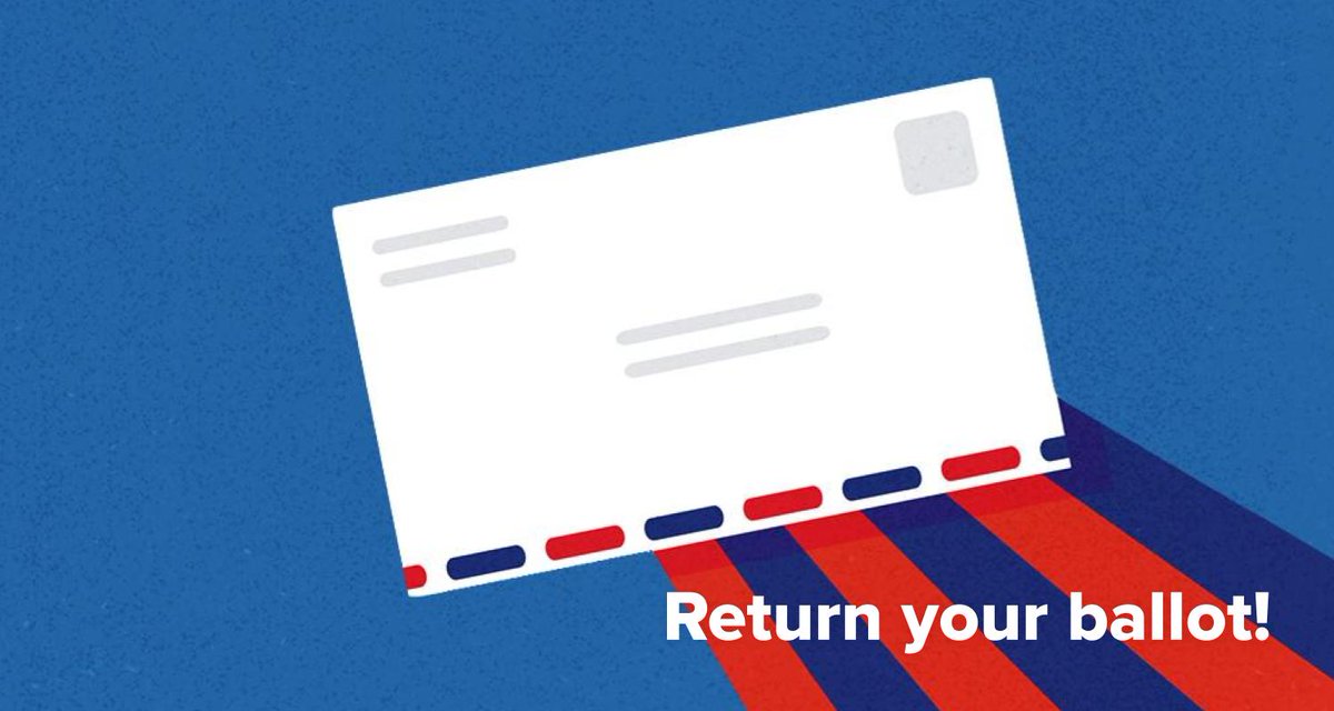Graphic reads "return your ballot!" and shows a large piece of postal mail in the center.