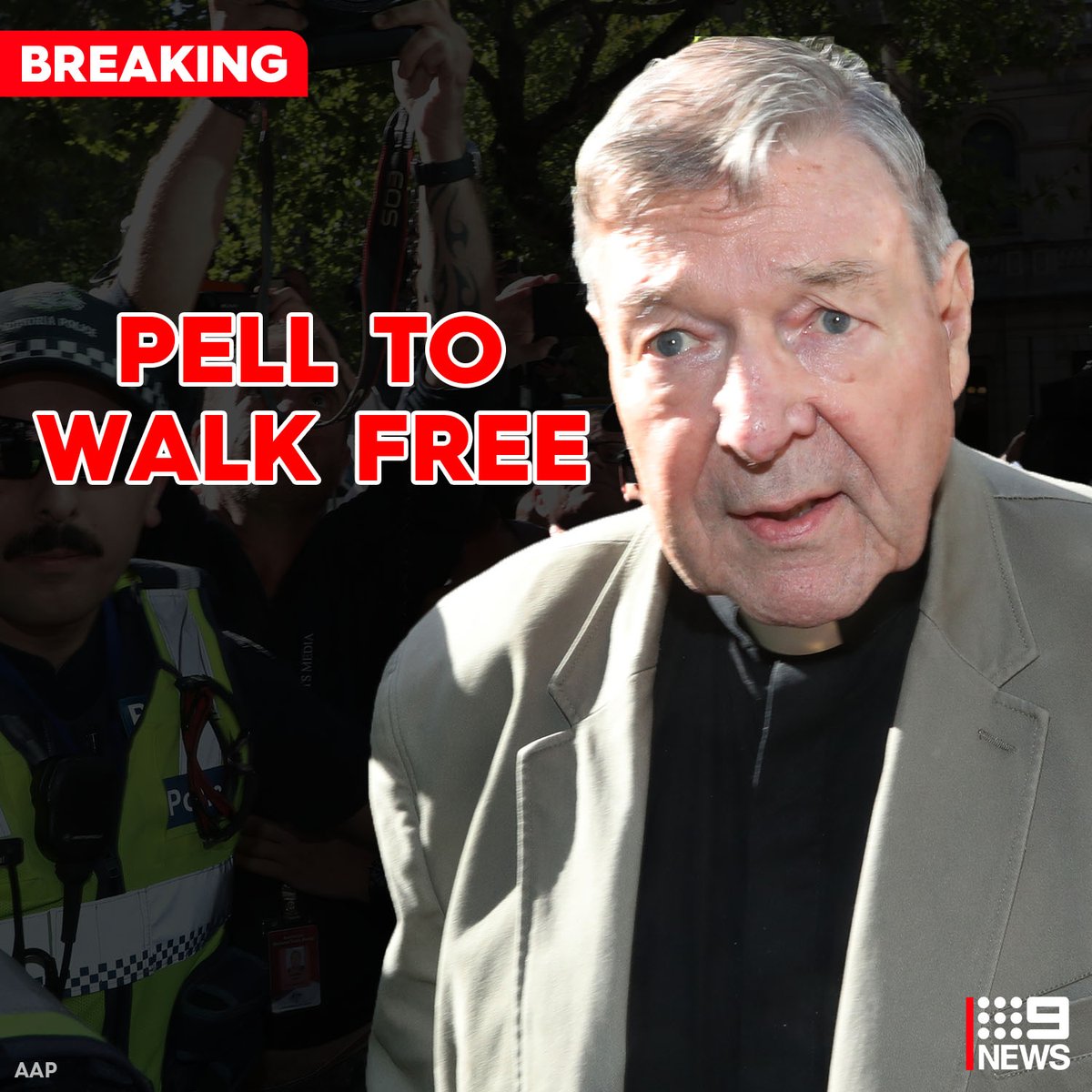 9NewsMelb's tweet photo. #BREAKING: George Pell's convictions have been quashed by the @HighCourtofAus. He will walk free from Barwon Prison. #9News https://t.co/cwYR9goYMT