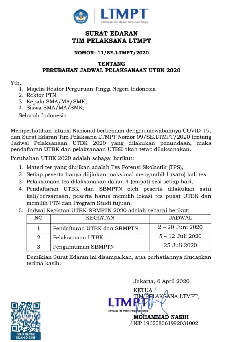 Pmb Uin Malang On Twitter Perubahan Jadwal Pelaksanaan Utbk 2020
