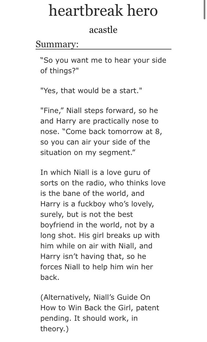 “heartbreak hero” by acastle•Ni works in radio •H is a dumbass but he learns•there’s also a sequel, PLEASE read that one tooimagine not reading this one? can’t relate  https://archiveofourown.org/works/4151499 