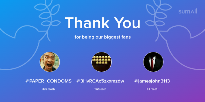Our biggest fans this week: PAPER_CONDOMS, 3HvRCAc5zxxmzdw, jamesjohn3113. Thank you! via https://t.co/MQbZ2Va1B6