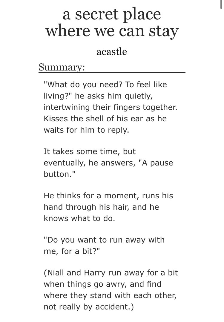 “a secret place where we can stay” by acastle •canon complaint•future fic https://archiveofourown.org/works/4516158?view_adult=true