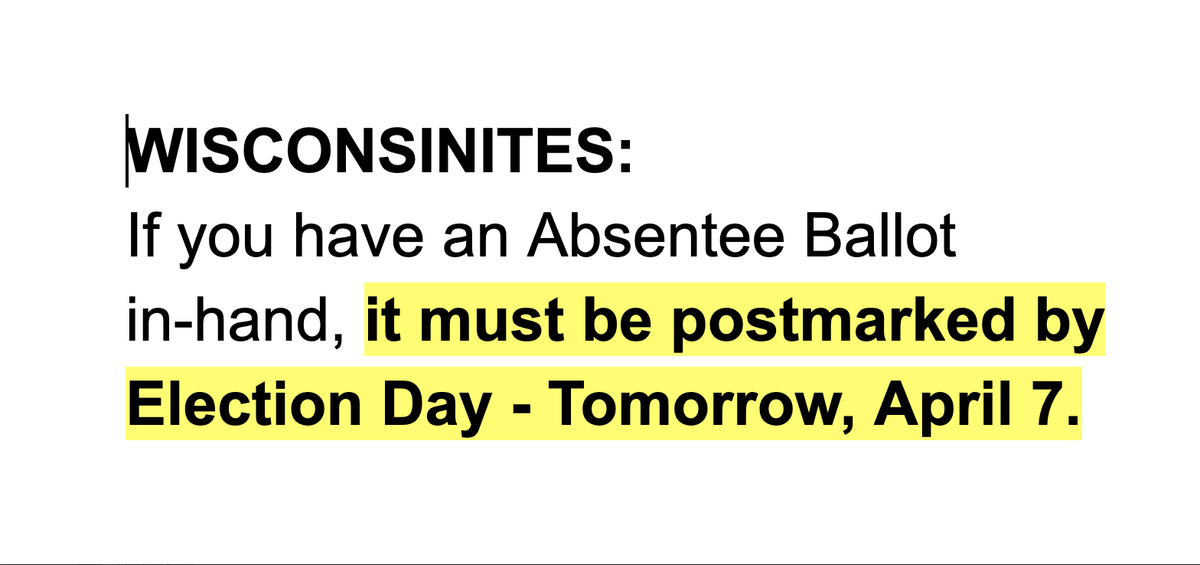 WisDems's tweet photo. BREAKING -- ALL Wisconsin absentee ballots must now be returned or postmarked by TOMORROW - Tuesday, April 7. https://t.co/SBderLjYTP