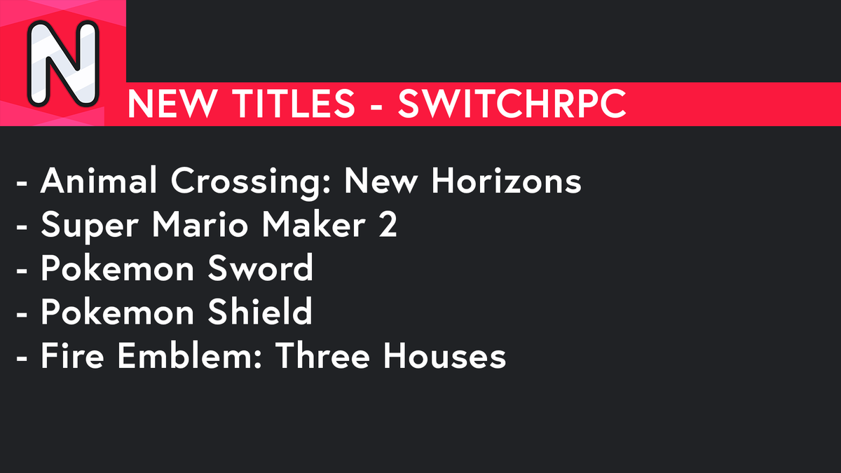 NintenBots's tweet photo. What's new in SwitchRPC Beta 2.0?
+ Dark Mode
+ List of Supported Titles
+ More SPEED
+ Patched Security Vulnerabilities
+ More Titles
+ Less General Glitches

Update NOW to get the latest from SwitchRPC!
https://t.co/srS1RRQ2Z8 https://t.co/Yaw5zMVLDg