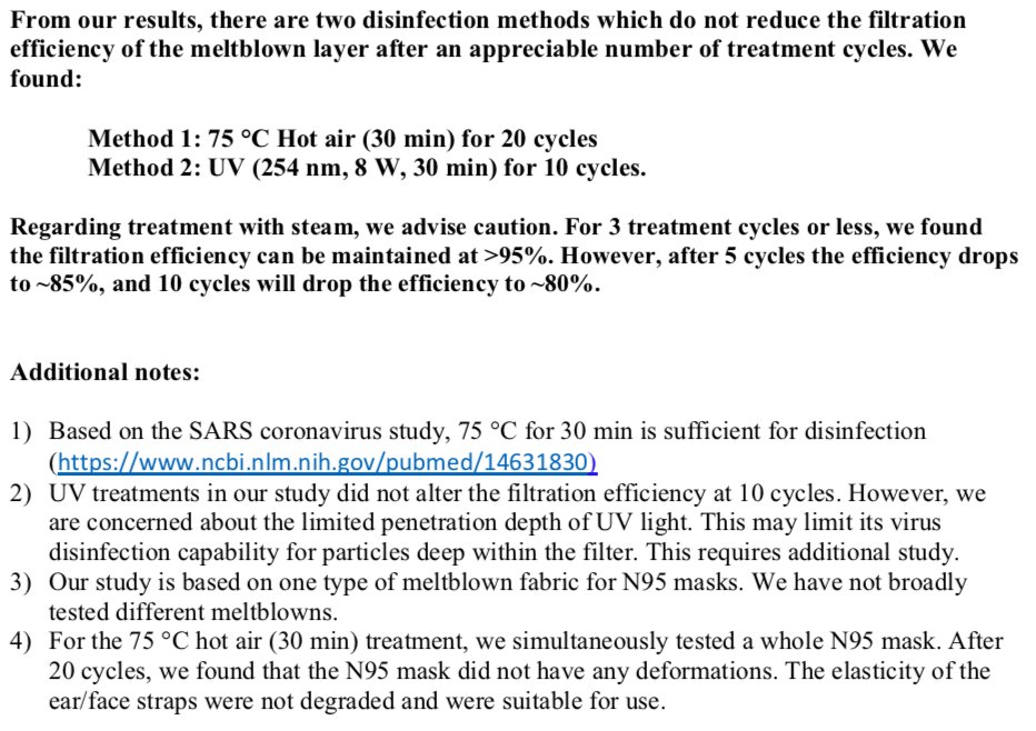 Finally below are the conclusions of a Stanford document recommending the 75C heat and UV methods with additional details. More discussion in my  #coronadeck