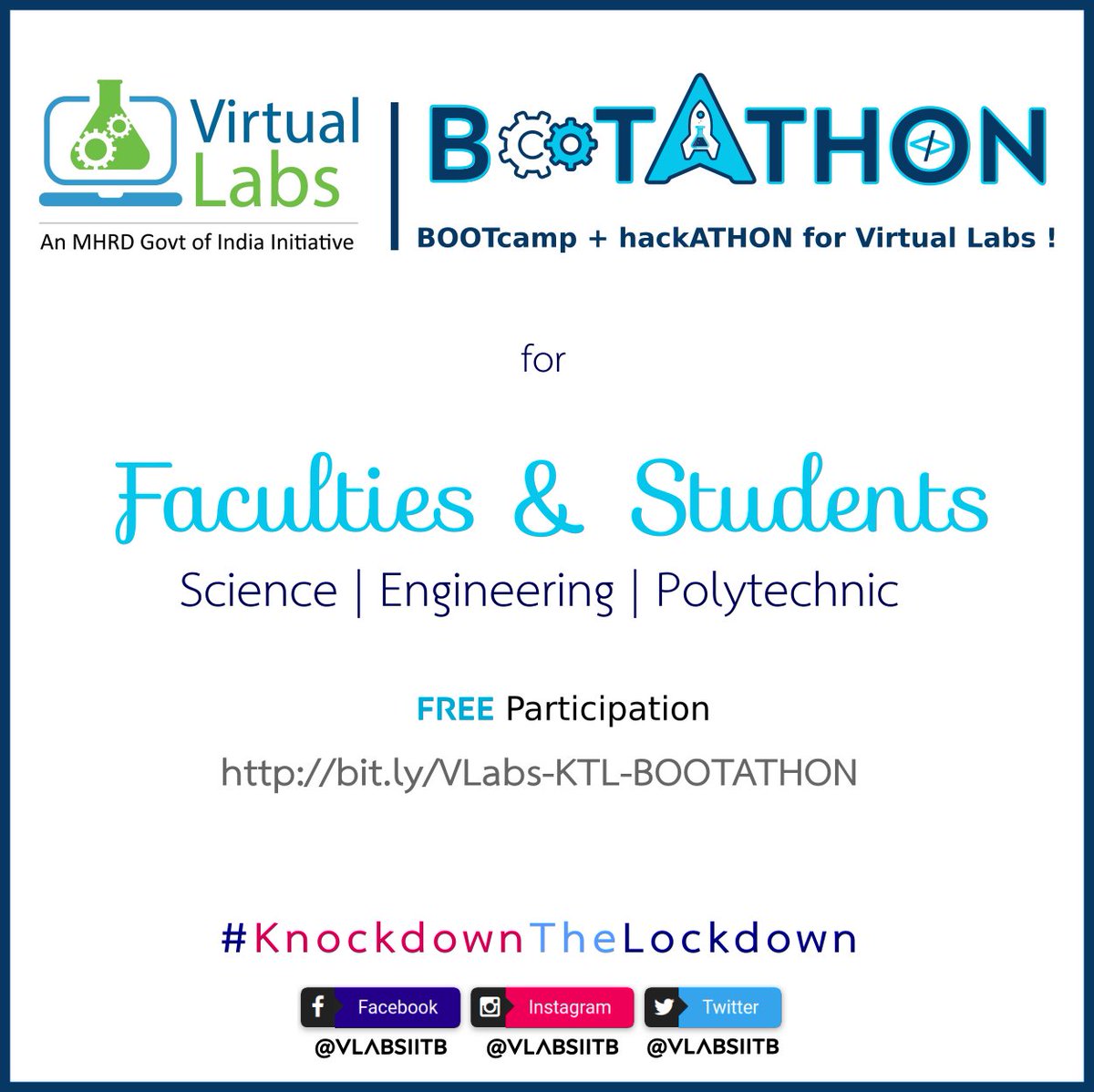 VLABSIITB's tweet photo. #VirtualLabs #BOOTATHON is now Open ! Lets collaborate Online for education !
Registration closes by 8 th April ( Faculties) & 9th April ( Students) https://t.co/P5CantME7O
#MHRD #NMEICT #DeshPadhega #KnockdownTheLockdown #CommunityPower @HRDMinistry @PMOIndia https://t.co/dX6wAg34ds