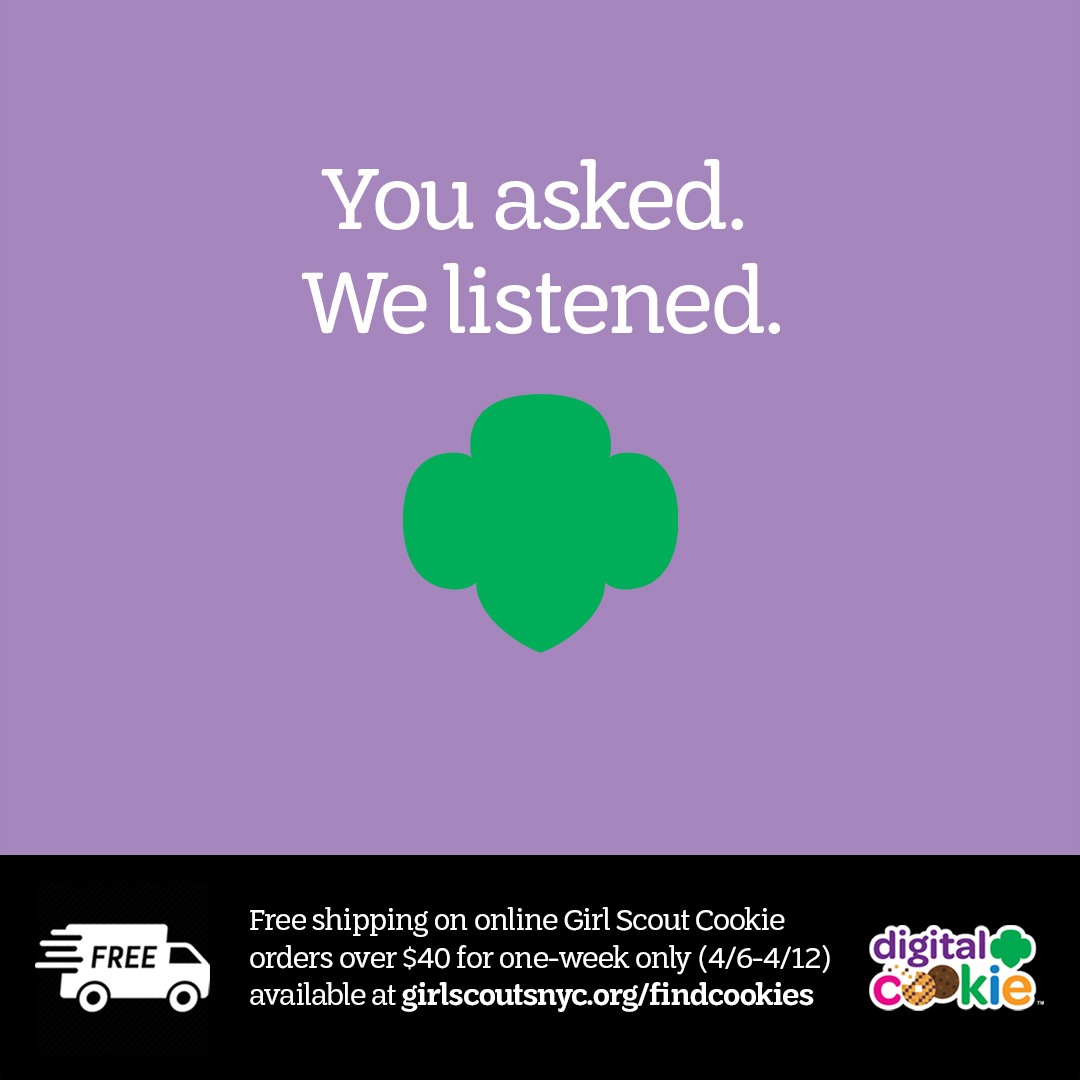 girlscoutsnyc's tweet photo. BREAKING: ALL Digital Cookie orders of $40 or more will receive FREE SHIPPING for one-week only! Order your delicious cookies from a local #NYC Girl Scout now! #GirlScoutCookies https://t.co/tiCGZG0kgT https://t.co/J9IGFYHbC9