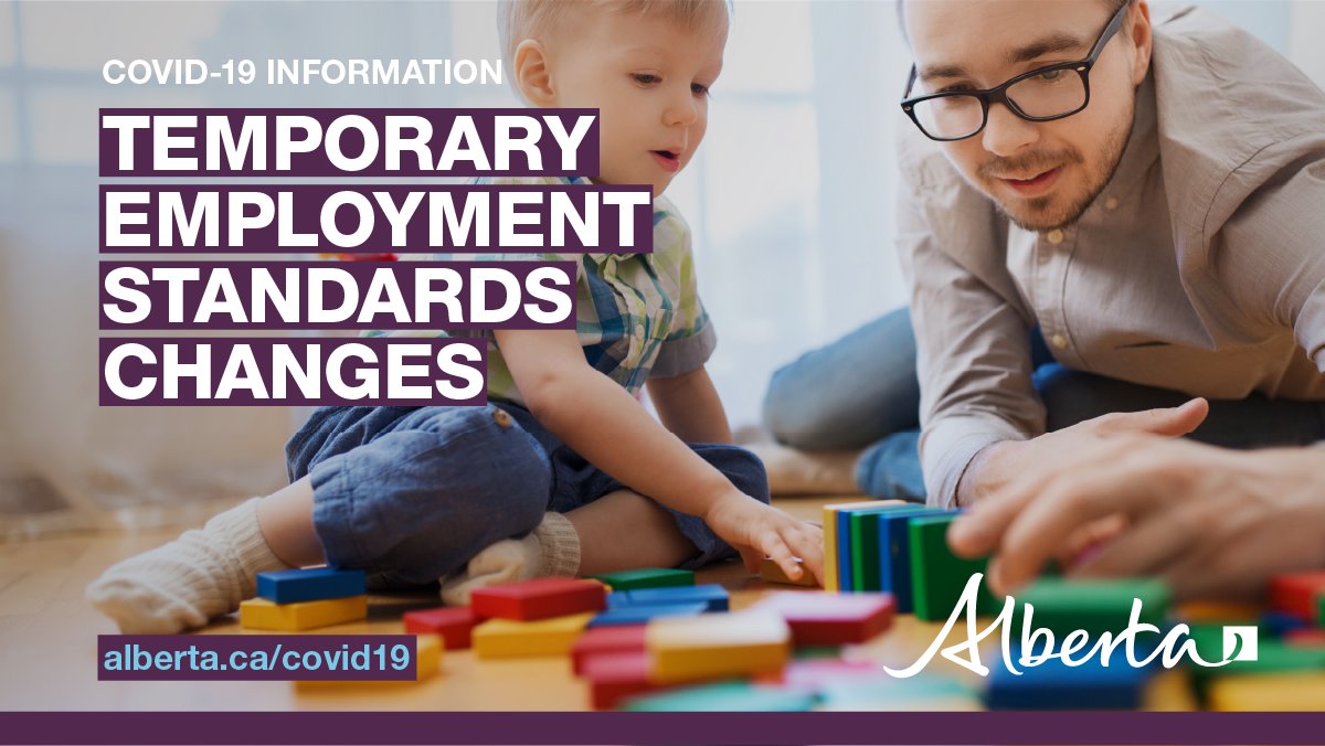 YourAlberta's tweet photo. Temporary changes to the employment standards will help provide job-protection for workers and flexibility for employers during the #COVID19 pandemic. Changes include unpaid job-protected leave for employees: https://t.co/wyc8EgvWBV https://t.co/5mLfjEIke4