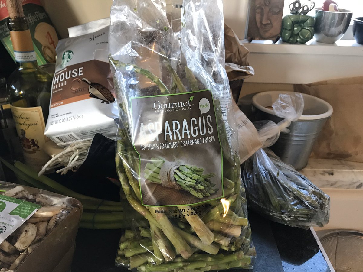 So I’ve been really trying to choose my shopping trips carefully,  #StayAtHomeAndStaySafe and whatnot. I went to Costco thinking I’d get some larger size veg to last a couple of meals. Imma gonna say 1/4 lb of this 2 1/4 lb bag of asparagus bought Sun was salvageable today. Bah