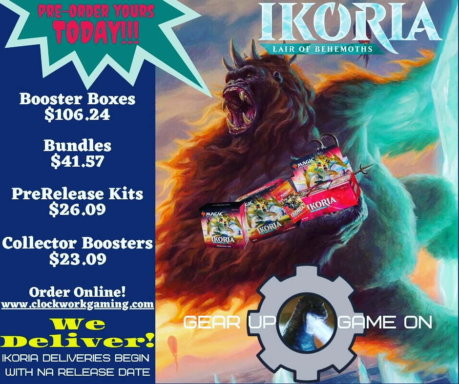 GamesClockwork's tweet photo. #mtgikoria is now available to order @ https://t.co/sdmbOaSolc ! 
***Deliveries begin with #wotc #Ikoria North American release. Deliveries only available to Bryan/College Station, TX***
#mtg #bcsgaming https://t.co/kuiRyMDVHN