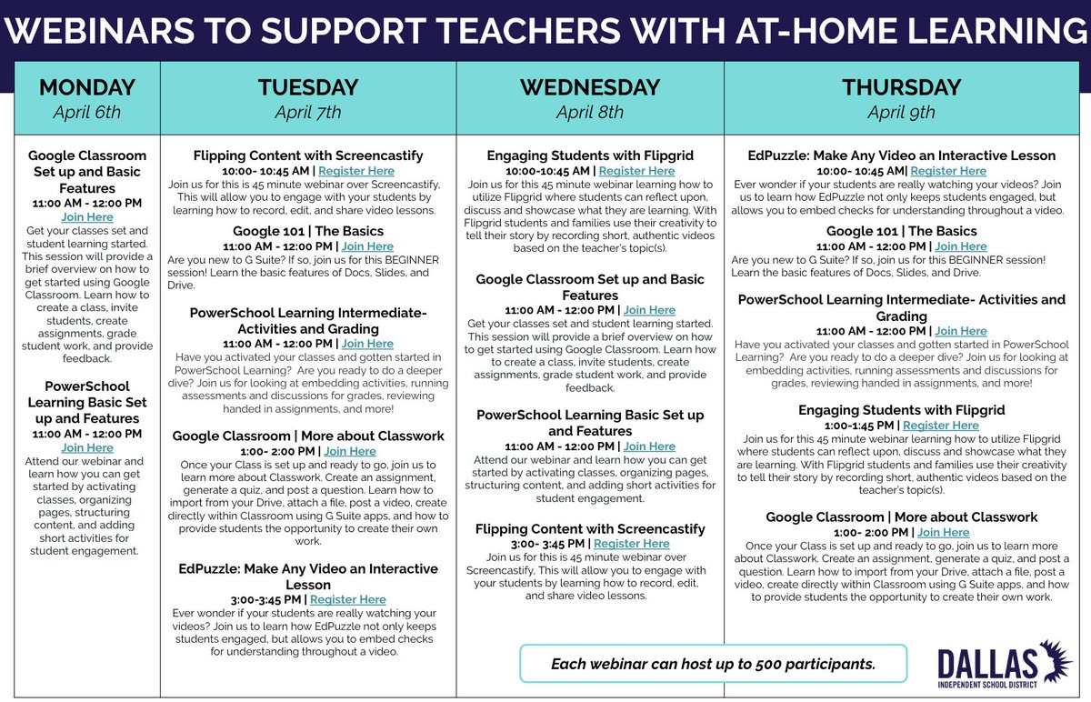 k10watkins's tweet photo. Looking for ways to enhance at-home learning? Check out 
@dallasschools webinars this week to learn how to use @Flipgrid @edpuzzle @Screencastify #GoogleClassroom to support students! Learn more at: https://t.co/fhocxDl3vo @PersonalizeDISD @PDL_DallasISD @TransformDISD https://t.co/QrM97KTXyr