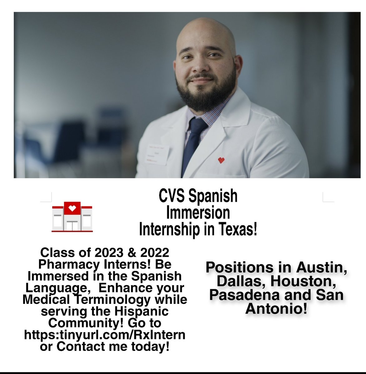 YvetteMGarza's tweet photo. Class of 2023 and 2022 Pharmacy Interns in Texas! Have you heard about the CVS Spanish Immersion Internship? Positions still available in Texas! #CVSyMas #InternatCVS #SummerInternship #futureRPH #AddthistoYourResume #TeamCVS #GrowYourSpanishFluency https://t.co/Ncj9e24Ga1
