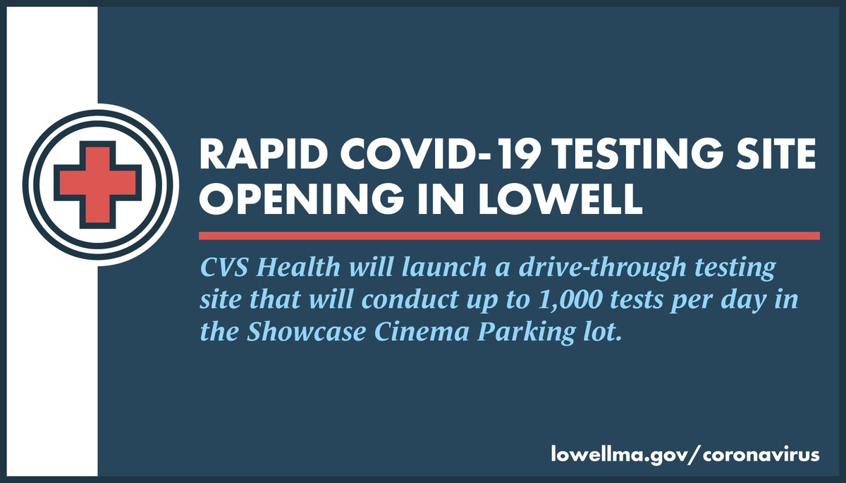 CityofLowellMA's tweet photo. CVS Health is launching a rapid testing site in Lowell on Tuesday, 4/7. The testing will be conducted from the parking lot of Lowell's Showcase Cinema. The site will conduct up to 1,000 tests per day and will produce results in 15 minutes. 

Read more: https://t.co/DTRgu5byCC https://t.co/EMTCSHZGzH