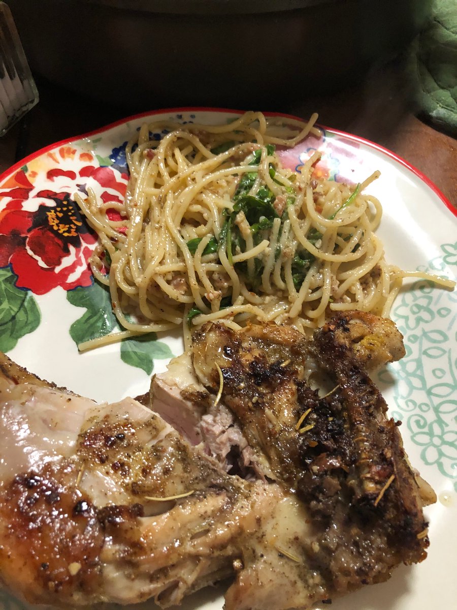 DeeFerguson82's tweet photo. Day 1: Bought both of @chrissyteigen cookbooks for quarantine. All meals on the menu this week are hers. First up: John’s Tuscan Brick Chicken and Lemony Arugula spaghetti cacio e Pepe. Delicious. https://t.co/BBXqpePOJ0