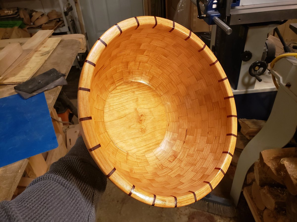 KyleStubbins's tweet photo. A little bit of walnut oil. #woodworking #cherry #Padauk #segmentedturning #creationsbyKAS https://t.co/JzbgLcJ7vO