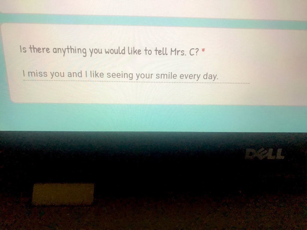 This is one response I got to an open ended question in our Community Circle check in today...and I cried all over my keyboard. Miss my students. Day 1 of distance learning was different... but glad to work with our students again! 💜 <a href="/PeelSchools/">Peel District School Board</a> <a href="/eagleplainsps/">Eagle Plains PS</a> <a href="/etfopresident/">ETFOpresident</a>