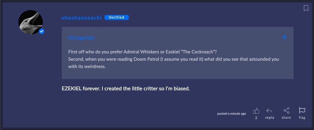 "First off who do you prefer Admiral Whiskers or Ezekiel “The Cockroach”?"